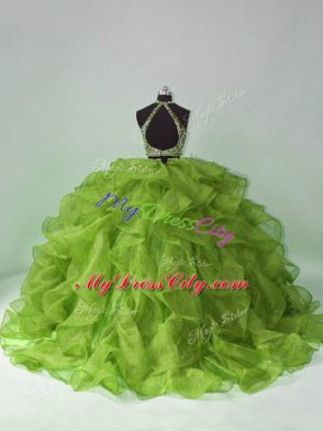 Sleeveless Beading and Ruffles Backless 15 Quinceanera Dress with Green Brush Train