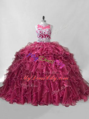 Dynamic Two Pieces Sleeveless Wine Red Sweet 16 Quinceanera Dress Brush Train Zipper