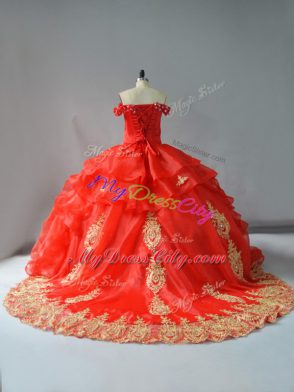 Off The Shoulder Sleeveless Quinceanera Dresses Court Train Appliques and Hand Made Flower Red Organza