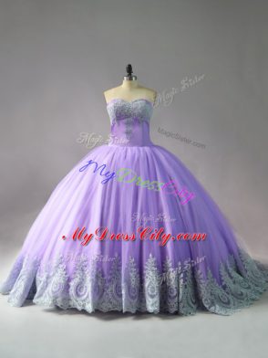 Fashionable Sleeveless Appliques Lace Up Sweet 16 Dress with Lavender Court Train