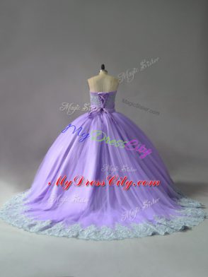 Fashionable Sleeveless Appliques Lace Up Sweet 16 Dress with Lavender Court Train