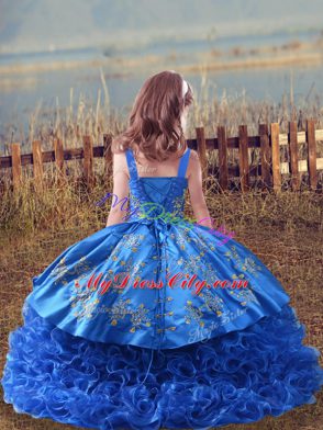 Blue Ball Gowns Straps Sleeveless Fabric With Rolling Flowers Sweep Train Lace Up Embroidery Pageant Dress Toddler