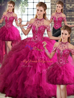 Fuchsia Tulle Lace Up 15th Birthday Dress Sleeveless Floor Length Beading and Ruffles