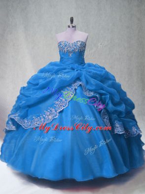 Blue Organza Lace Up Vestidos de Quinceanera Sleeveless Floor Length Beading and Appliques and Pick Ups