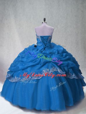 Blue Organza Lace Up Vestidos de Quinceanera Sleeveless Floor Length Beading and Appliques and Pick Ups