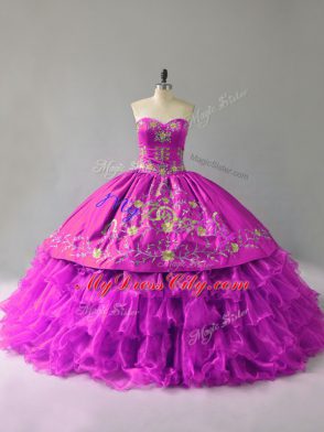 Colorful Purple Lace Up Sweetheart Embroidery and Ruffles 15 Quinceanera Dress Organza Sleeveless