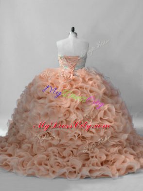 Sleeveless Beading Lace Up Quinceanera Gowns with Peach Brush Train