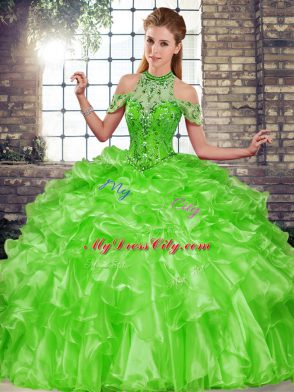 Green Sleeveless Floor Length Beading and Ruffles Lace Up 15 Quinceanera Dress