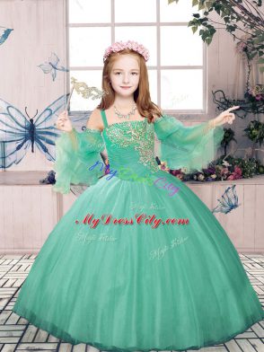 Turquoise Tulle Lace Up Little Girls Pageant Dress Wholesale Sleeveless Floor Length Beading and Appliques