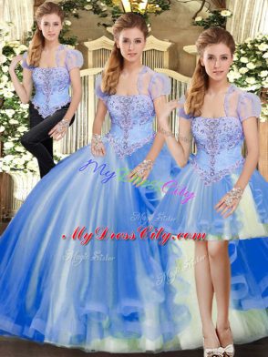 Sumptuous Strapless Sleeveless Lace Up Quince Ball Gowns Blue Tulle