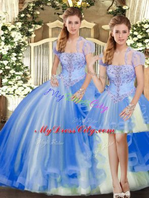 Sumptuous Strapless Sleeveless Lace Up Quince Ball Gowns Blue Tulle