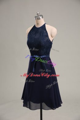 Pretty Navy Blue Sleeveless Mini Length Lace and Appliques Backless Prom Evening Gown