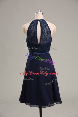 Pretty Navy Blue Sleeveless Mini Length Lace and Appliques Backless Prom Evening Gown