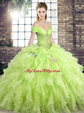 Fantastic Yellow Green Ball Gowns Beading and Ruffles Quinceanera Gown Lace Up Organza Sleeveless