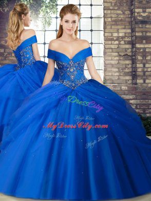 Lovely Royal Blue Lace Up Off The Shoulder Beading and Pick Ups Sweet 16 Dresses Tulle Sleeveless Brush Train