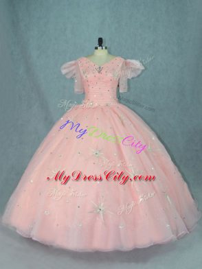 Glittering Floor Length Ball Gowns Short Sleeves Peach Quinceanera Dress Zipper