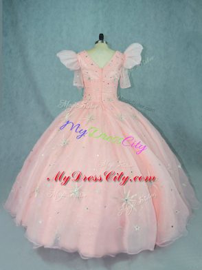 Glittering Floor Length Ball Gowns Short Sleeves Peach Quinceanera Dress Zipper