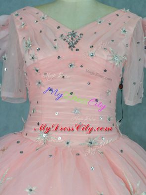 Glittering Floor Length Ball Gowns Short Sleeves Peach Quinceanera Dress Zipper