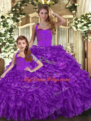 Purple Organza Lace Up Vestidos de Quinceanera Sleeveless Floor Length Ruffles