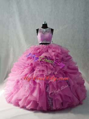 Pink Scoop Beading and Ruffles Sweet 16 Dress Brush Train