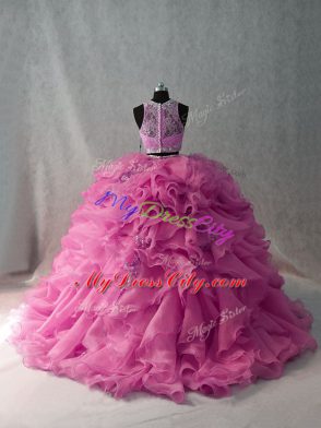 Pink Scoop Beading and Ruffles Sweet 16 Dress Brush Train