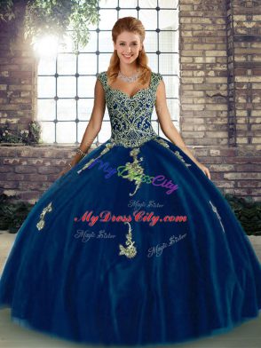 Sleeveless Floor Length Beading and Appliques Lace Up Sweet 16 Quinceanera Dress with Royal Blue