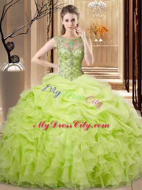 Superior Yellow Green Ball Gowns Beading and Ruffles and Pick Ups Quinceanera Gown Lace Up Organza Sleeveless Floor Length