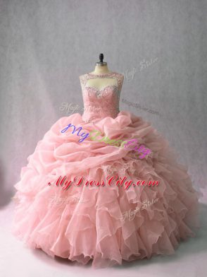 Discount Pink 15th Birthday Dress Sweet 16 and Quinceanera with Beading and Ruffles and Pick Ups Scoop Sleeveless Brush Train Lace Up