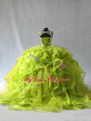 Fashionable Yellow Green Lace Up Sweet 16 Dress Beading and Ruffles Sleeveless Floor Length