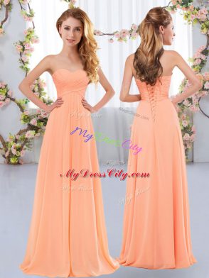 Great Floor Length Peach Wedding Guest Dresses Chiffon Sleeveless Ruching