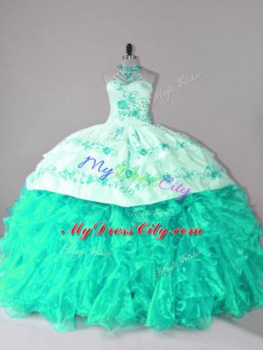 Sweet Organza Halter Top Sleeveless Court Train Lace Up Embroidery and Ruffles Sweet 16 Dress in Turquoise