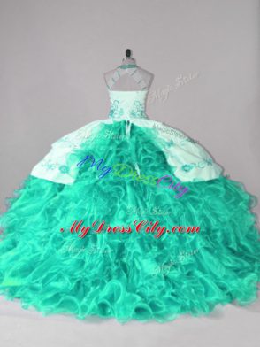 Sweet Organza Halter Top Sleeveless Court Train Lace Up Embroidery and Ruffles Sweet 16 Dress in Turquoise