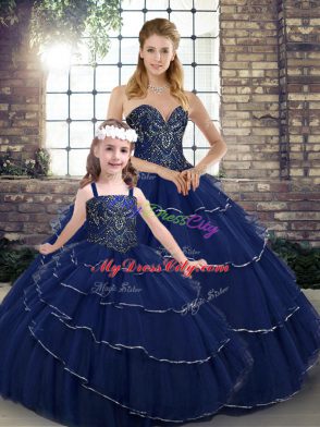 Lace Up 15th Birthday Dress Navy Blue for Military Ball and Sweet 16 and Quinceanera with Beading and Ruffled Layers Brush Train