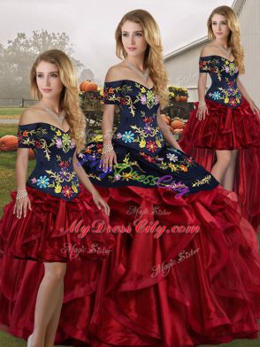 Gorgeous Red And Black Quinceanera Dress Military Ball and Sweet 16 and Quinceanera with Embroidery and Ruffles Off The Shoulder Sleeveless Lace Up