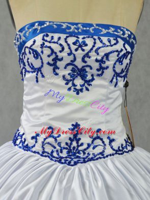 Deluxe Sleeveless Floor Length Embroidery Lace Up Quinceanera Gown with Blue And White