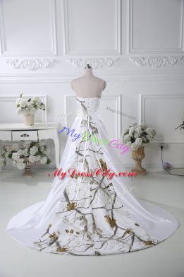 White Lace Up Strapless Pattern Wedding Dresses Satin Sleeveless Brush Train