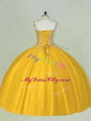 Customized Gold Tulle Lace Up Ball Gown Prom Dress Sleeveless Floor Length Beading