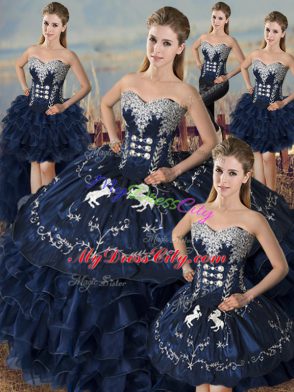 Custom Made Sleeveless Floor Length Embroidery and Ruffles Lace Up Sweet 16 Quinceanera Dress with Navy Blue