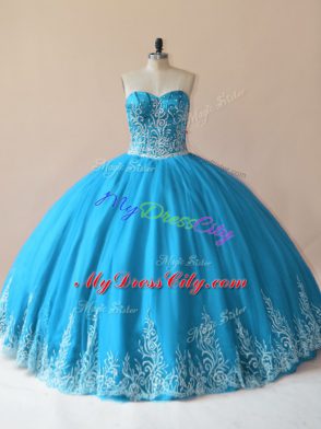 Stylish Tulle Sweetheart Sleeveless Lace Up Embroidery Quinceanera Dresses in Baby Blue