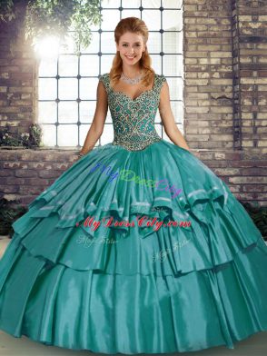 Most Popular Teal Lace Up Straps Beading and Ruffled Layers Sweet 16 Quinceanera Dress Taffeta Sleeveless