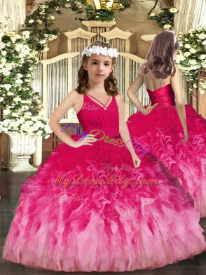 Multi-color Ball Gowns V-neck Sleeveless Tulle Floor Length Backless Ruffles 15 Quinceanera Dress