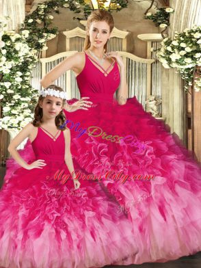 Multi-color Ball Gowns V-neck Sleeveless Tulle Floor Length Backless Ruffles 15 Quinceanera Dress