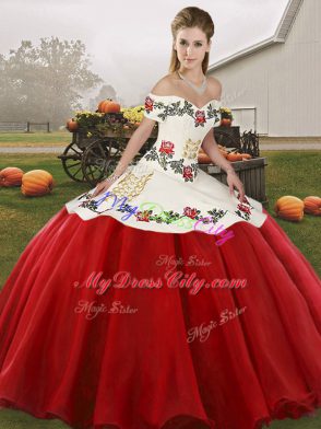 Dazzling Ball Gowns 15 Quinceanera Dress White And Red Off The Shoulder Organza Sleeveless Floor Length Lace Up