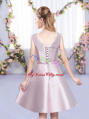 Baby Pink Lace Up Bridesmaids Dress Bowknot Sleeveless Mini Length