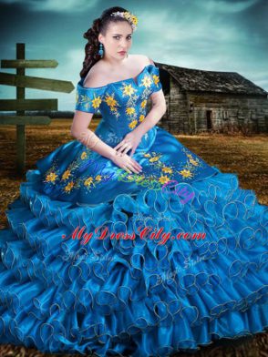 Blue Vestidos de Quinceanera Sweet 16 and Quinceanera with Embroidery and Ruffles Off The Shoulder Sleeveless Lace Up