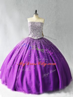 Purple Organza Lace Up Strapless Sleeveless Floor Length Vestidos de Quinceanera Beading