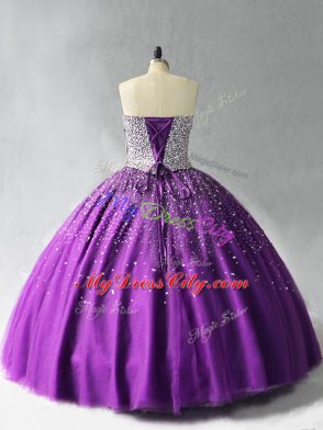 Purple Organza Lace Up Strapless Sleeveless Floor Length Vestidos de Quinceanera Beading