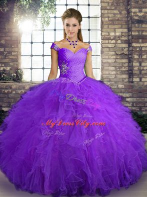 Flare Off The Shoulder Sleeveless Tulle Vestidos de Quinceanera Beading and Ruffles Lace Up