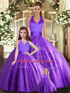 Floor Length Purple Vestidos de Quinceanera Tulle Sleeveless Beading