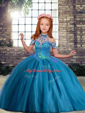 Blue Ball Gowns Beading Kids Formal Wear Lace Up Tulle Sleeveless Floor Length